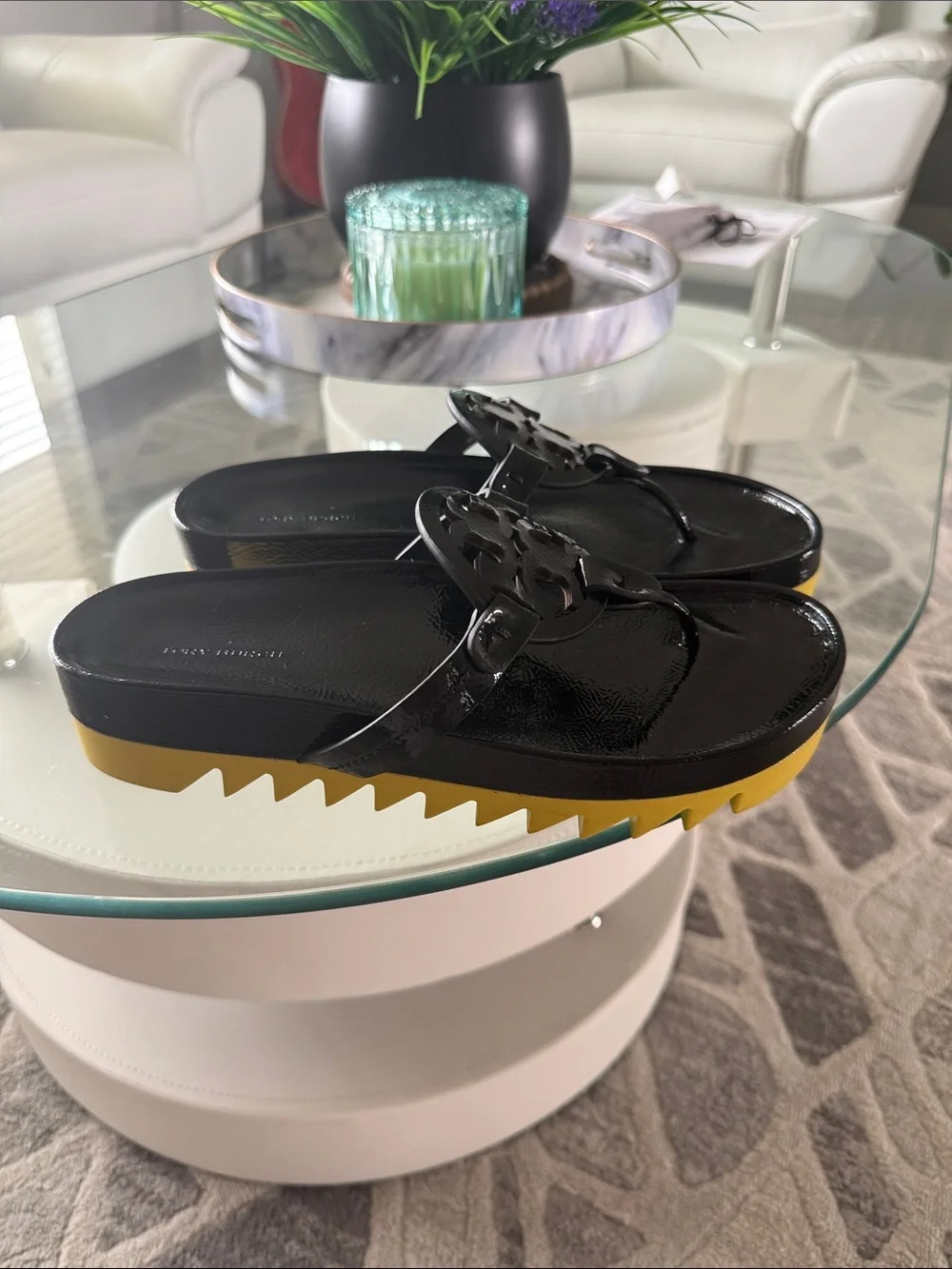 Tory Burch Miller Cloud Lug Sandal Black Patent Thong with Yellow Platform 10